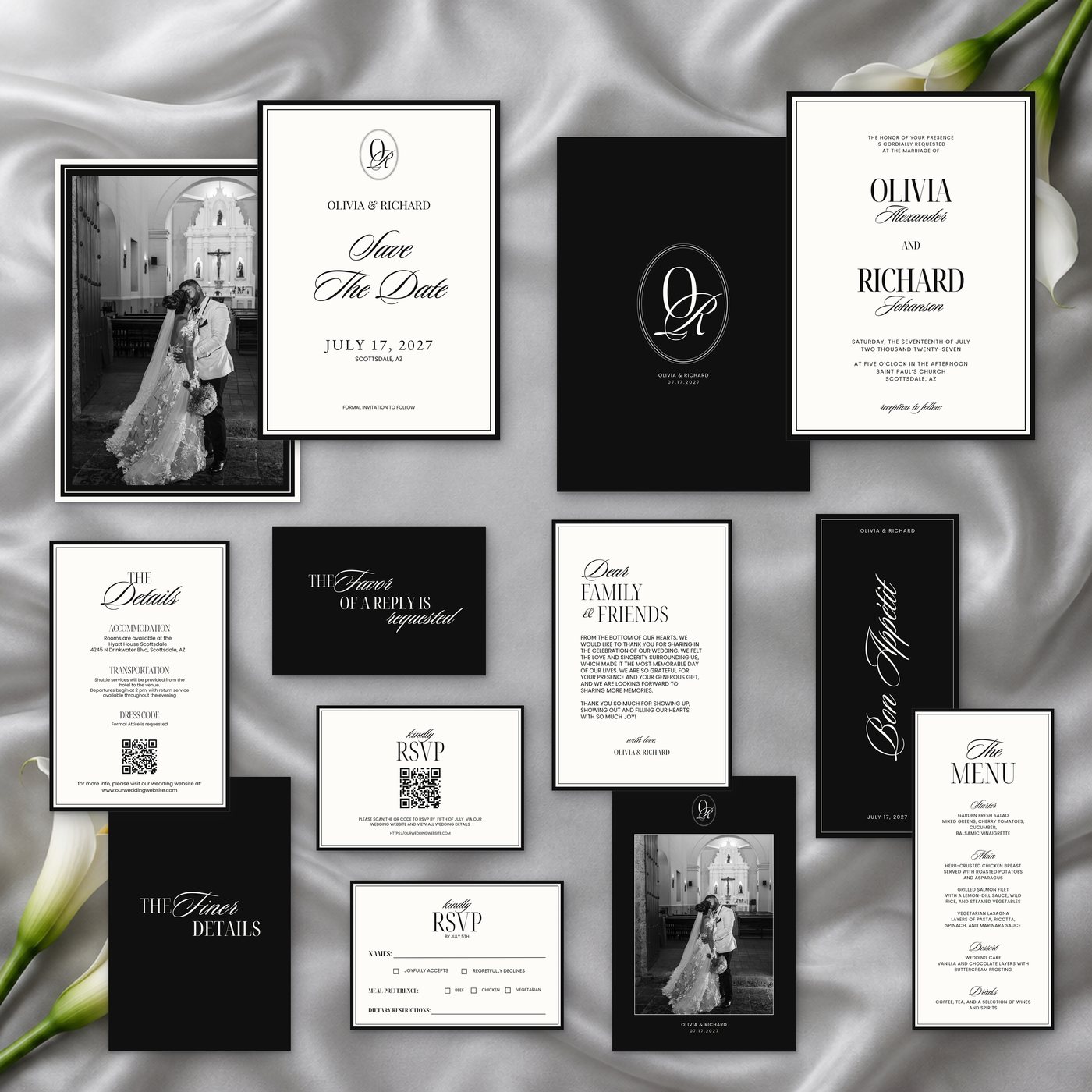 The Marrimia stationery suite laid out on gray silk