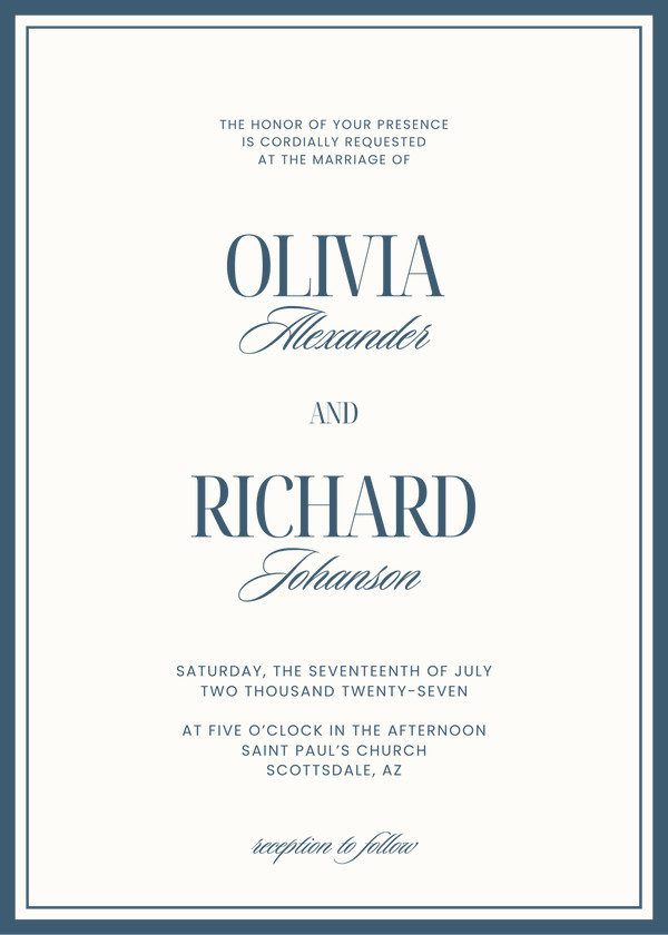 A Marrimia wedding invitation, shown in dusty blue